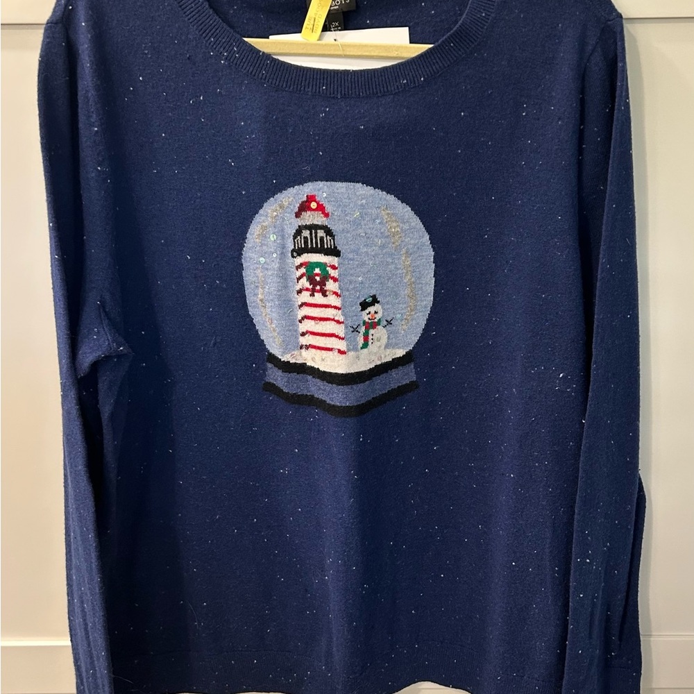 Talbots Navy Sweater with Lighthouse and Snowman Snowglobe